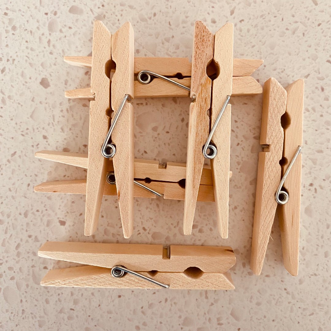 Close-up of Eco Fox sustainable bamboo clothes peg with recyclable stainless steel spring