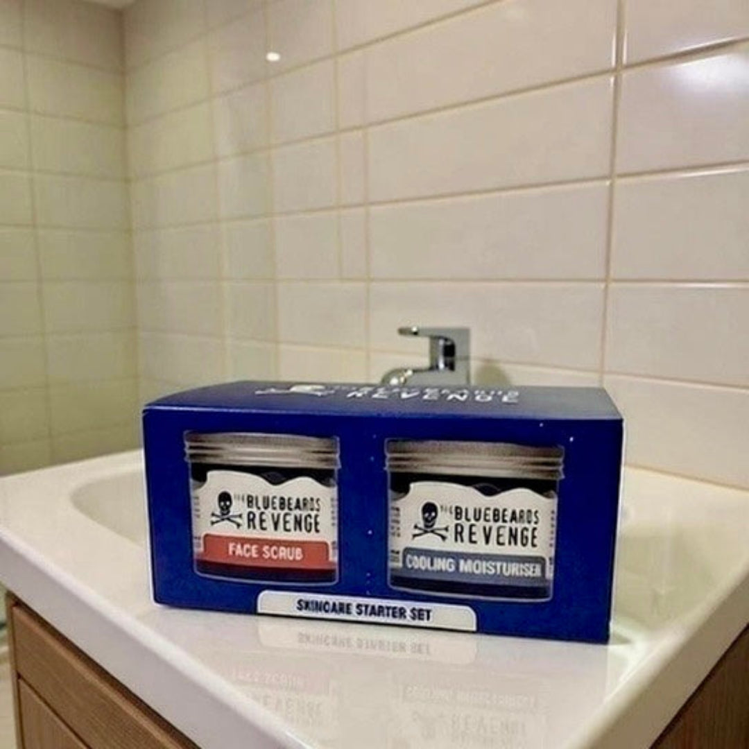 The Bluebeards Revenge Skincare Starter Set packaged in a quirky gift box, eco-friendly and recyclable.