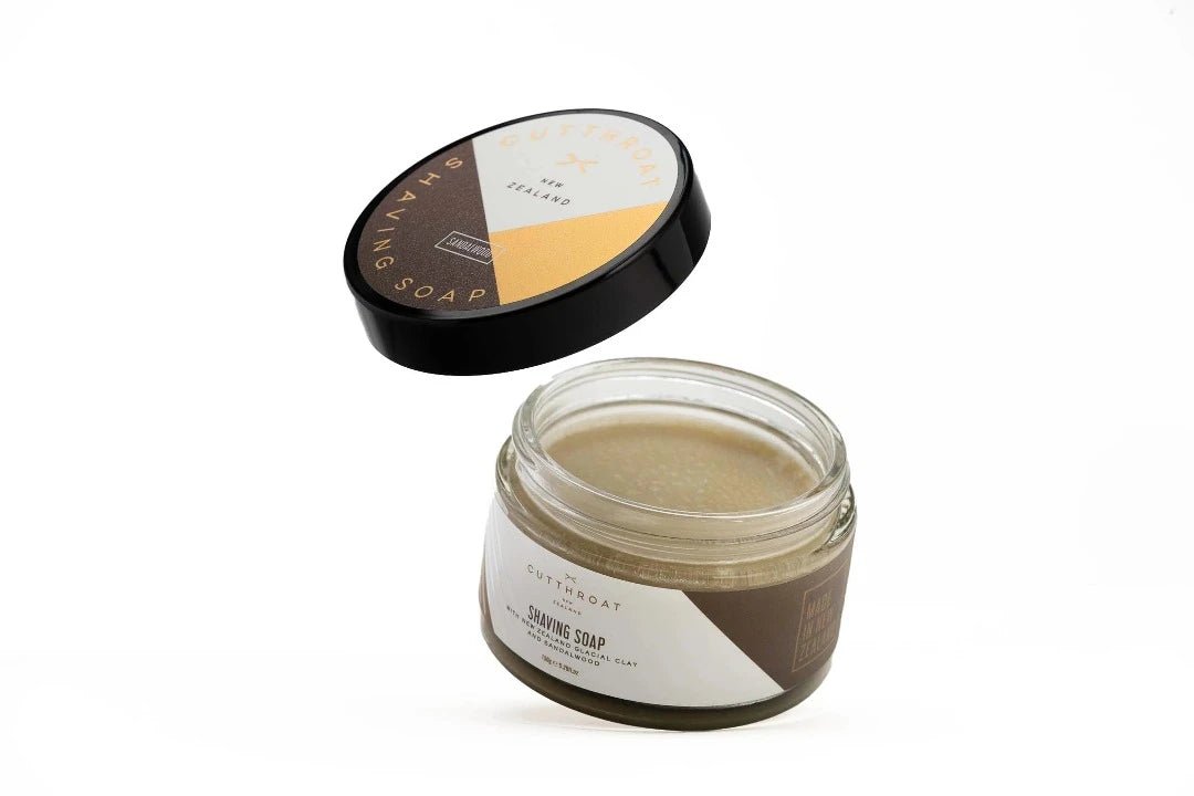 This naturally scented luxury sandalwood shaving soap contains detoxifying bentonite clay