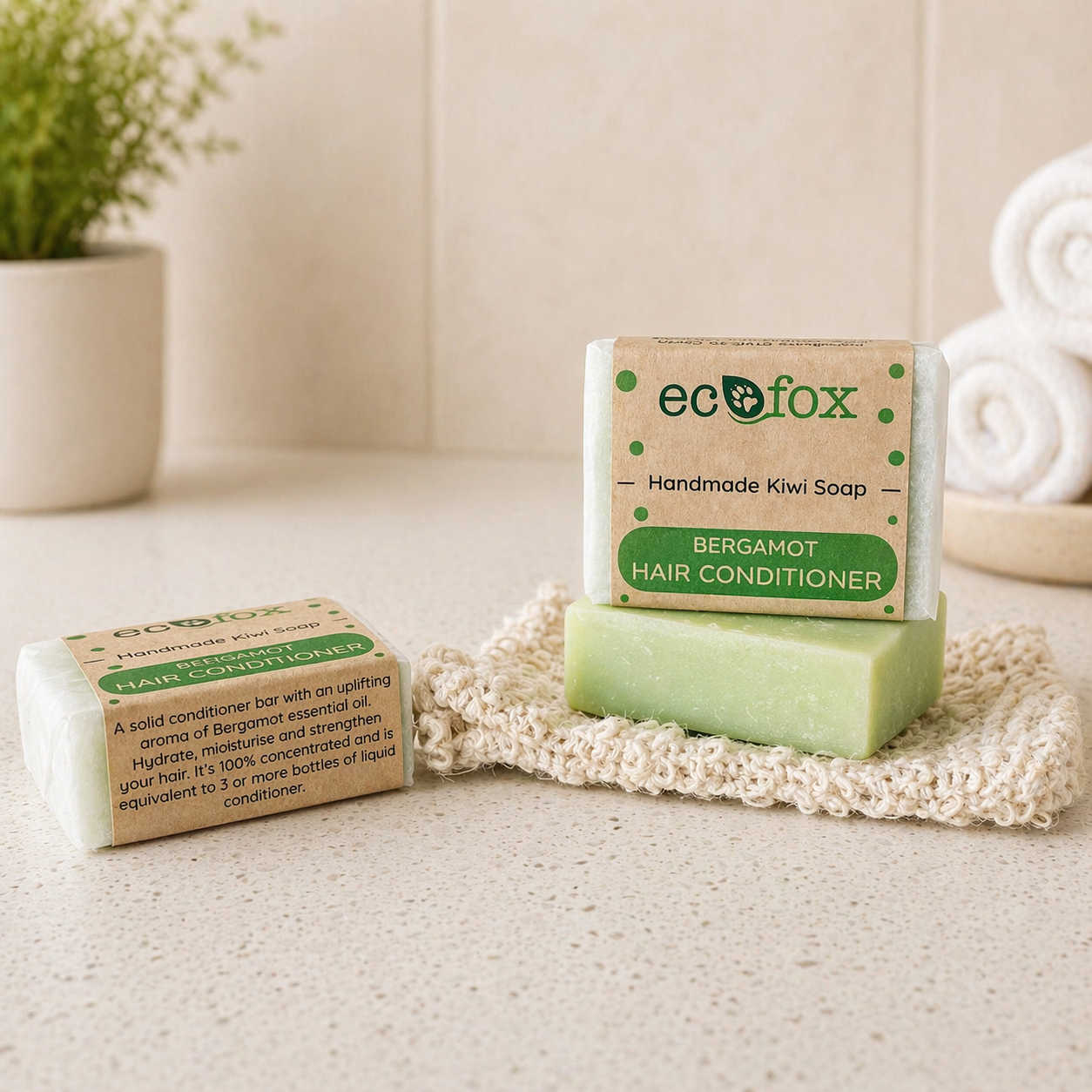 Eco Fox bergamot conditioner bar with uplifting bergamot essential oil, solid hair conditioner to hydrate, moisturise and strengthen hair