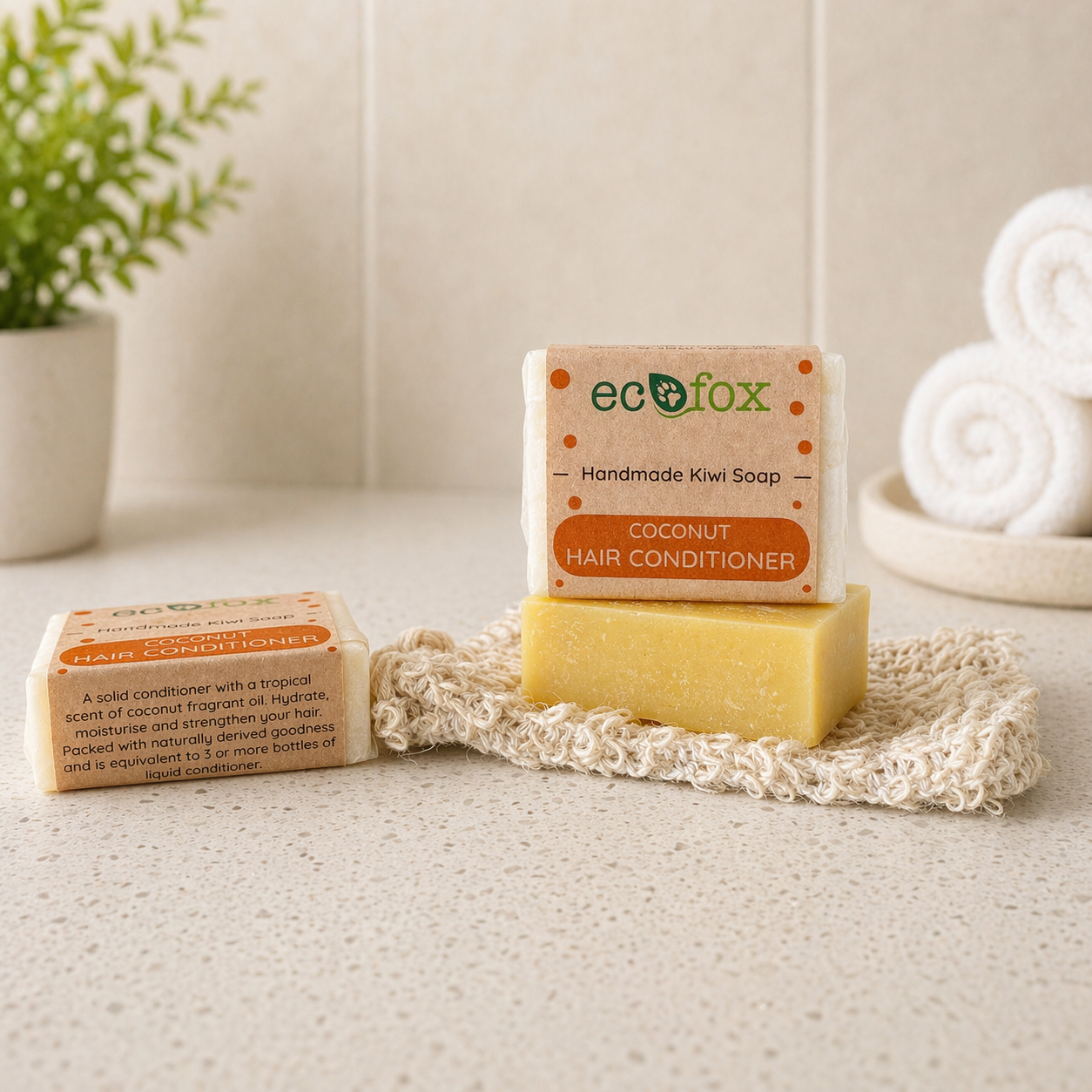 Eco Fox coconut conditioner bar with tropical coconut fragrance, solid hair conditioner to hydrate, moisturise and strengthen hair