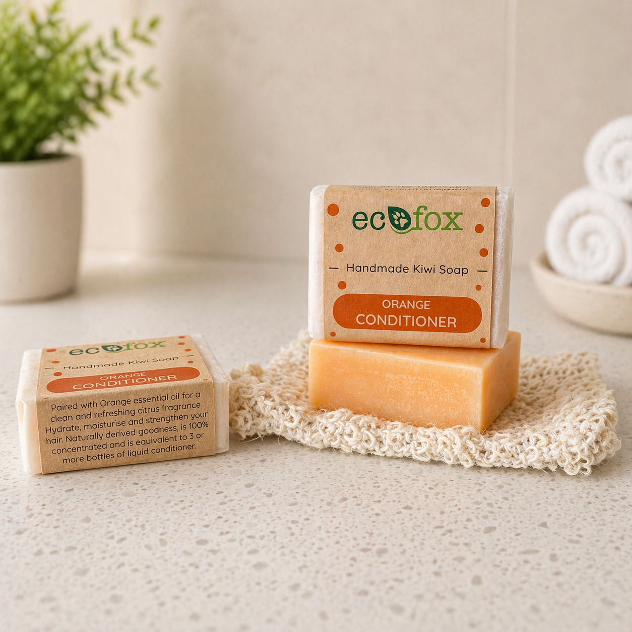 Eco Fox orange conditioner bar with refreshing citrus orange essential oil, solid hair conditioner to hydrate, moisturise and strengthen hair
