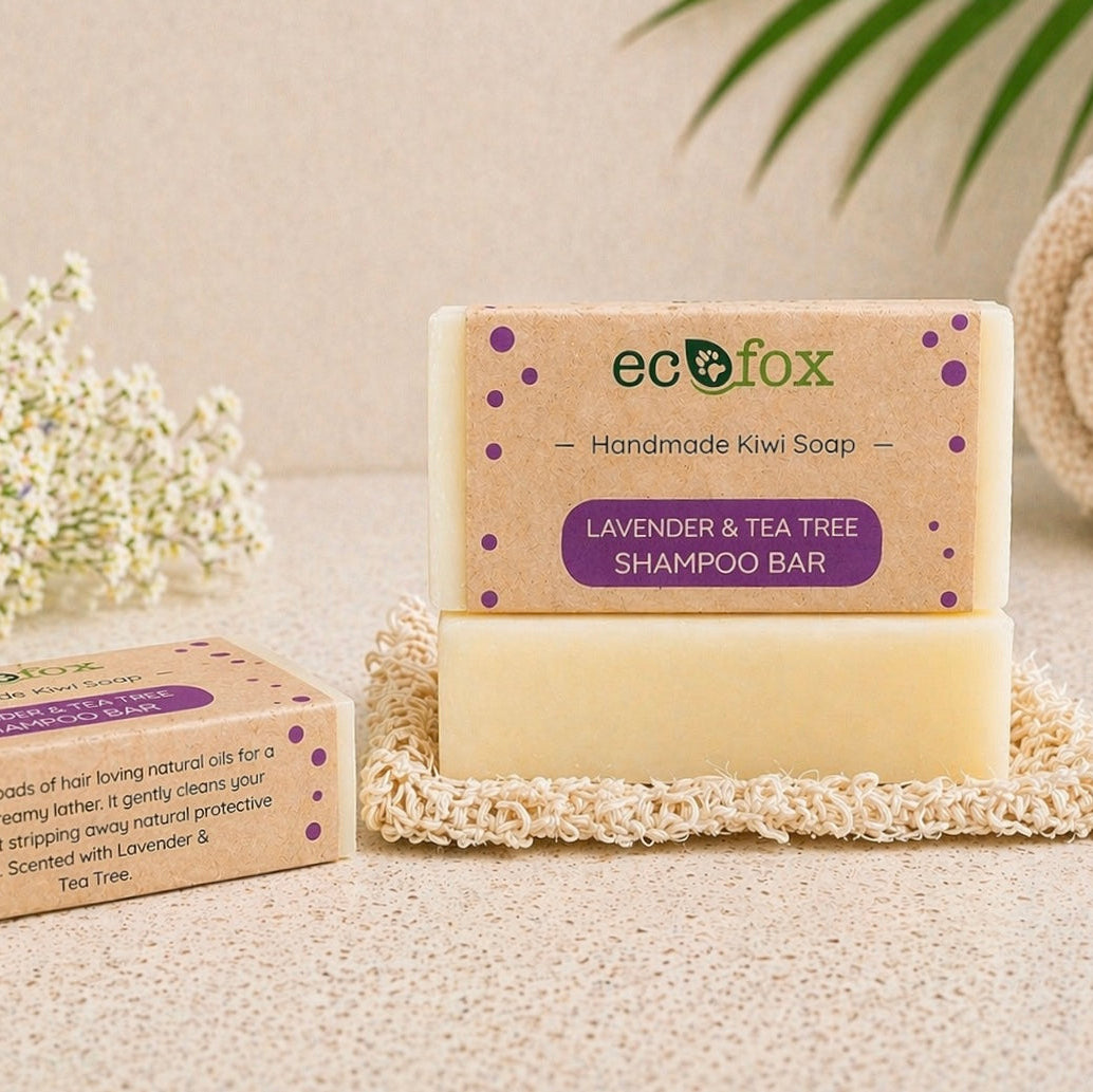 Eco Fox Lavender & Tea Tree shampoo bar on spa-style background, gentle natural hair care bar