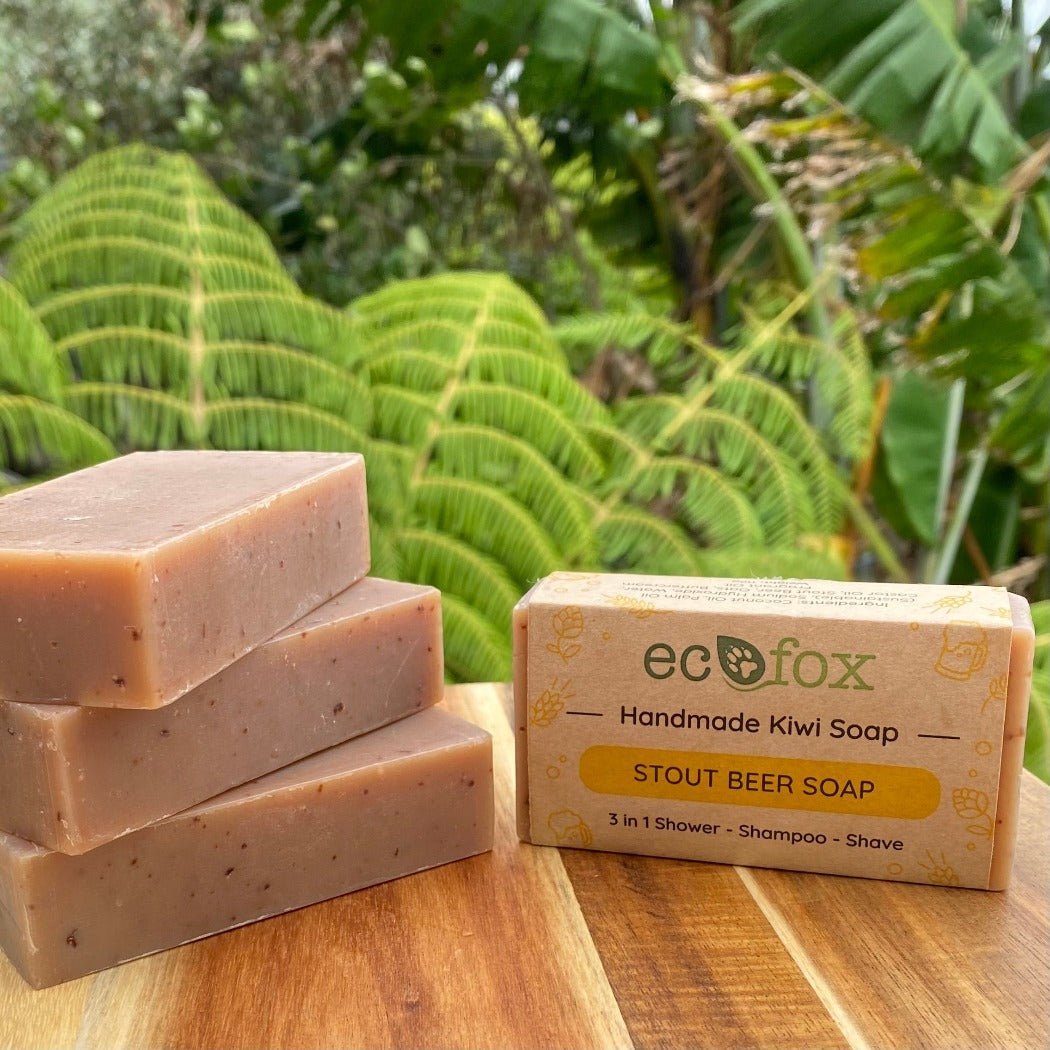 Handmade Stout Beer Soap bar for guys, scented with buttercream cookie fragrance, enriched with oats, hops, and castor oil, ideal for shower, shampoo, and shave.