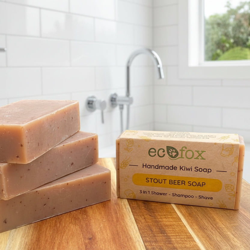 Handmade Stout Beer Soap bar for guys, scented with buttercream cookie fragrance, enriched with oats, hops, and castor oil, ideal for shower, shampoo, and shave.