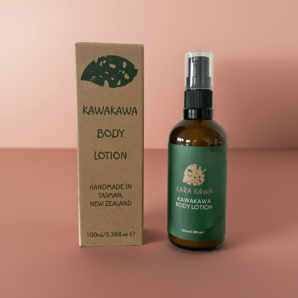 Amber pump bottle of natural Kawakawa Body Lotion with hydrating and calming ingredients.