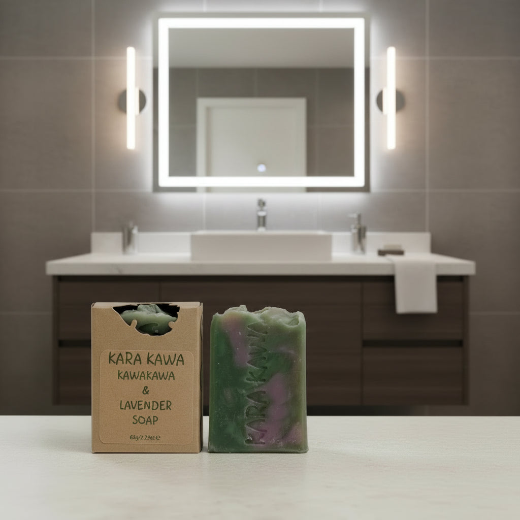 Kawakawa & Lavender Soap bar with green and purple marbling, topped with a light lavender scent, displayed on a white background.