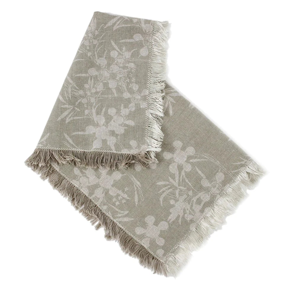 A set of 4 beautiful napkins, each screen printed with a hand drawn myrtle flower design.