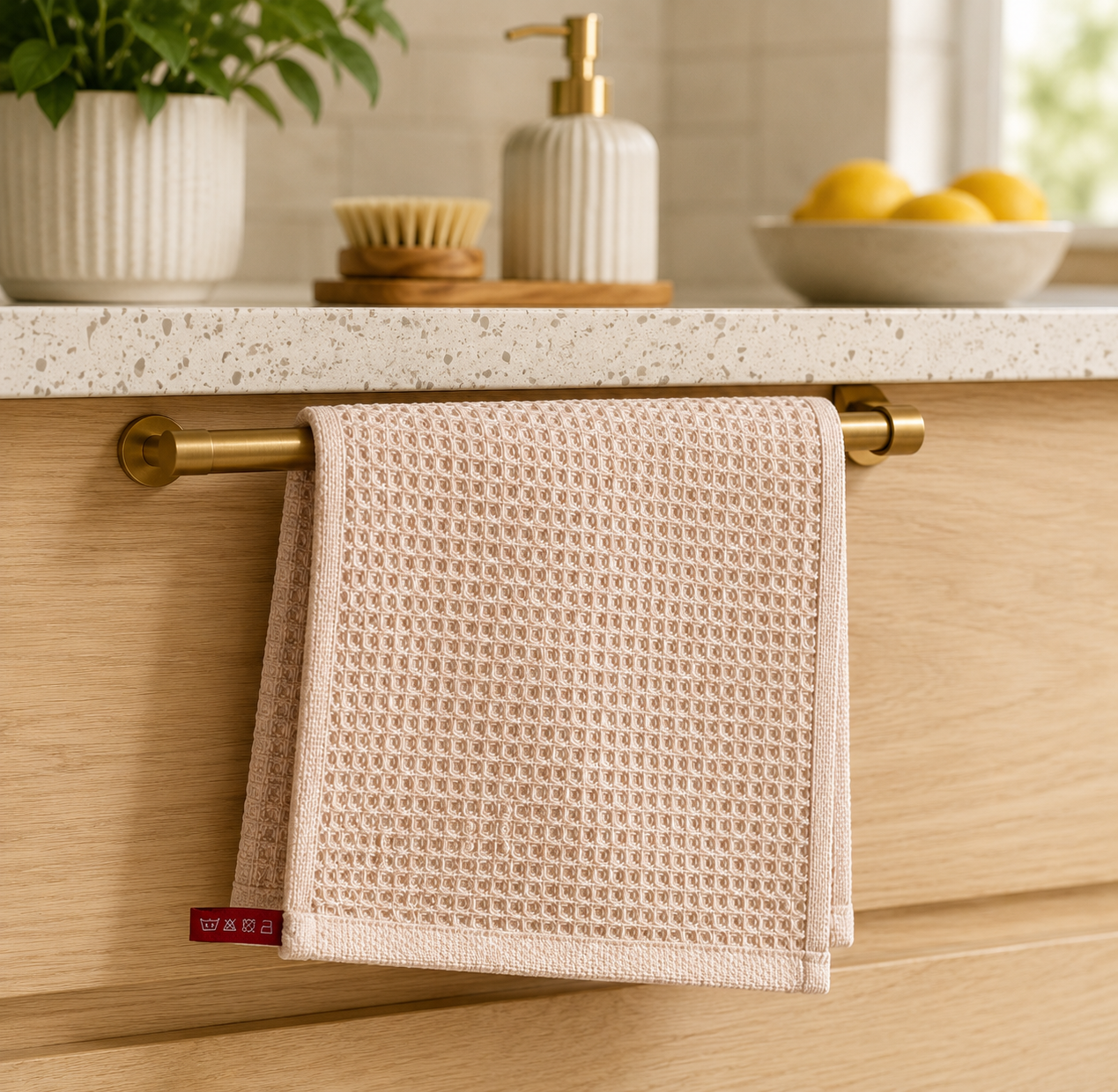 Reusable waffle weave kitchen cleaning cloth hanging from a brass rail in a bright modern kitchen setting.
