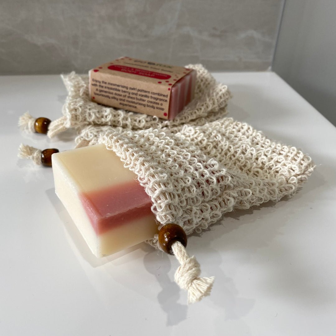 Sustainable soap bag holding soap and creating rich lather