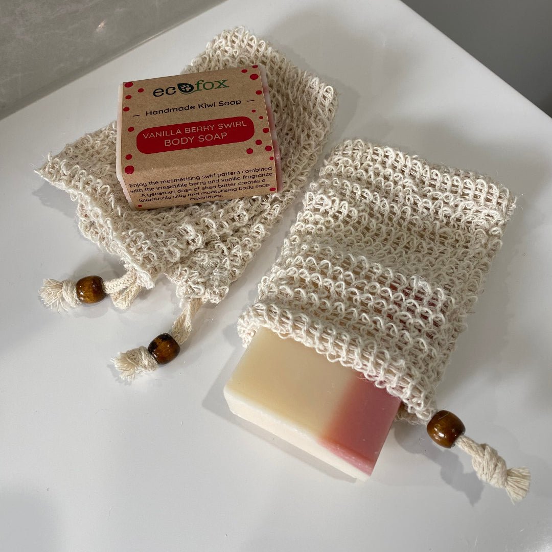 Plastic-free soap saver bag hanging to dry in bathroom
