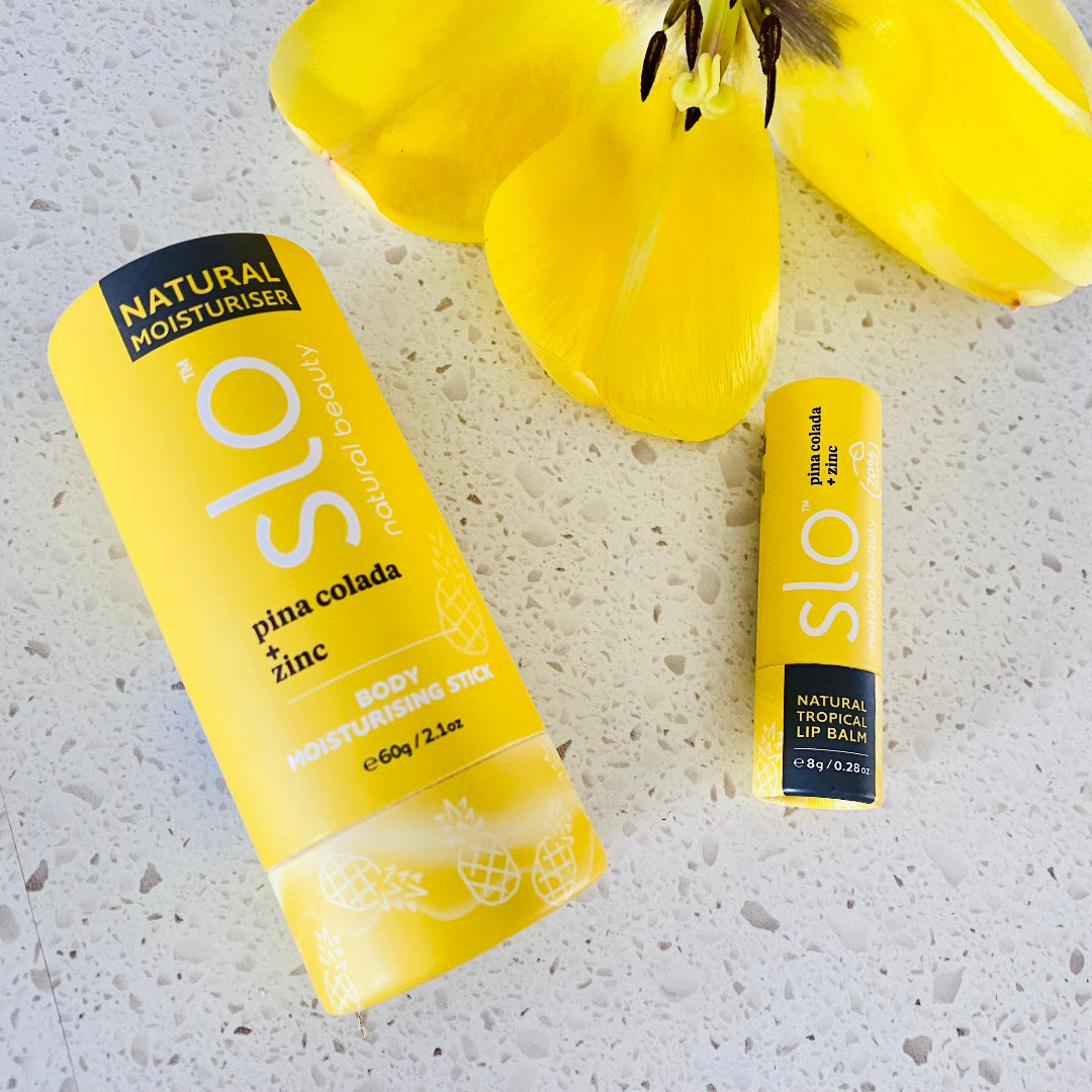 Eco-friendly Natural Island Glow Duo bundle featuring nourishing Pina Colada Body Stick and Lip Balm, made in New Zealand for soft, protected skin and lips.