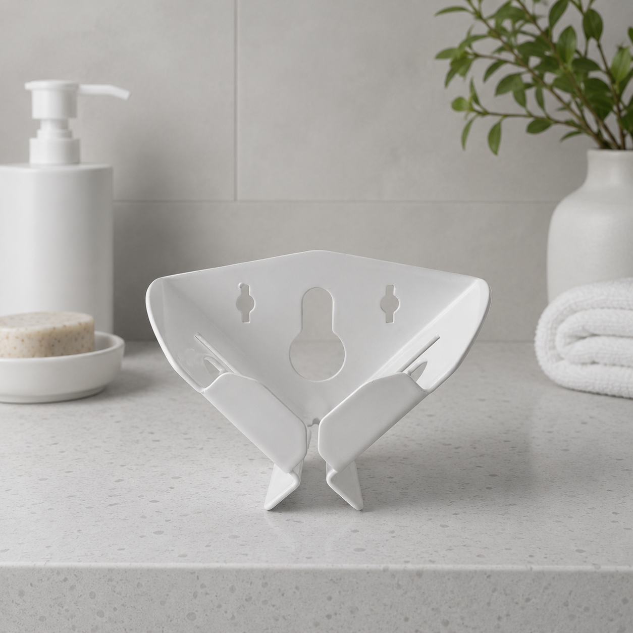 White Block Dock wall-mounted soap holder displayed in a modern bathroom, keeping natural soap bars dry, clean and within easy reach.