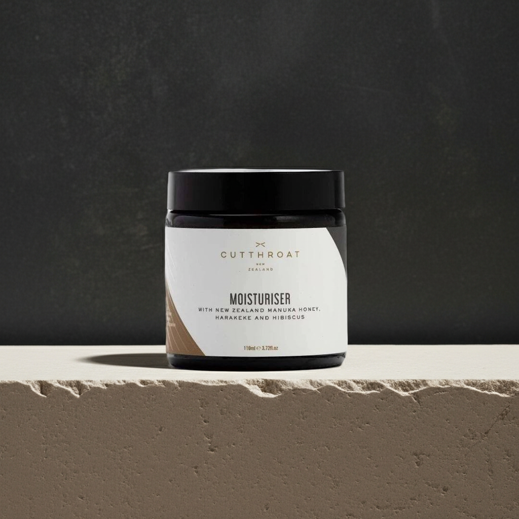 Gentle, nourishing Cutthroat Moisturiser featuring organic ingredients and Harakeke extract for deep hydration, reduced redness, and soothed, healthy skin.