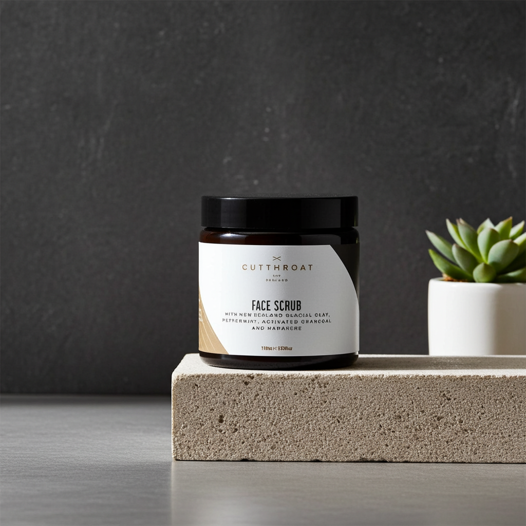 Men’s Peppermint & Activated Charcoal Face Scrub by Cutthroat NZ, featuring jojoba beads and bentonite clay in a sleek black recyclable container.