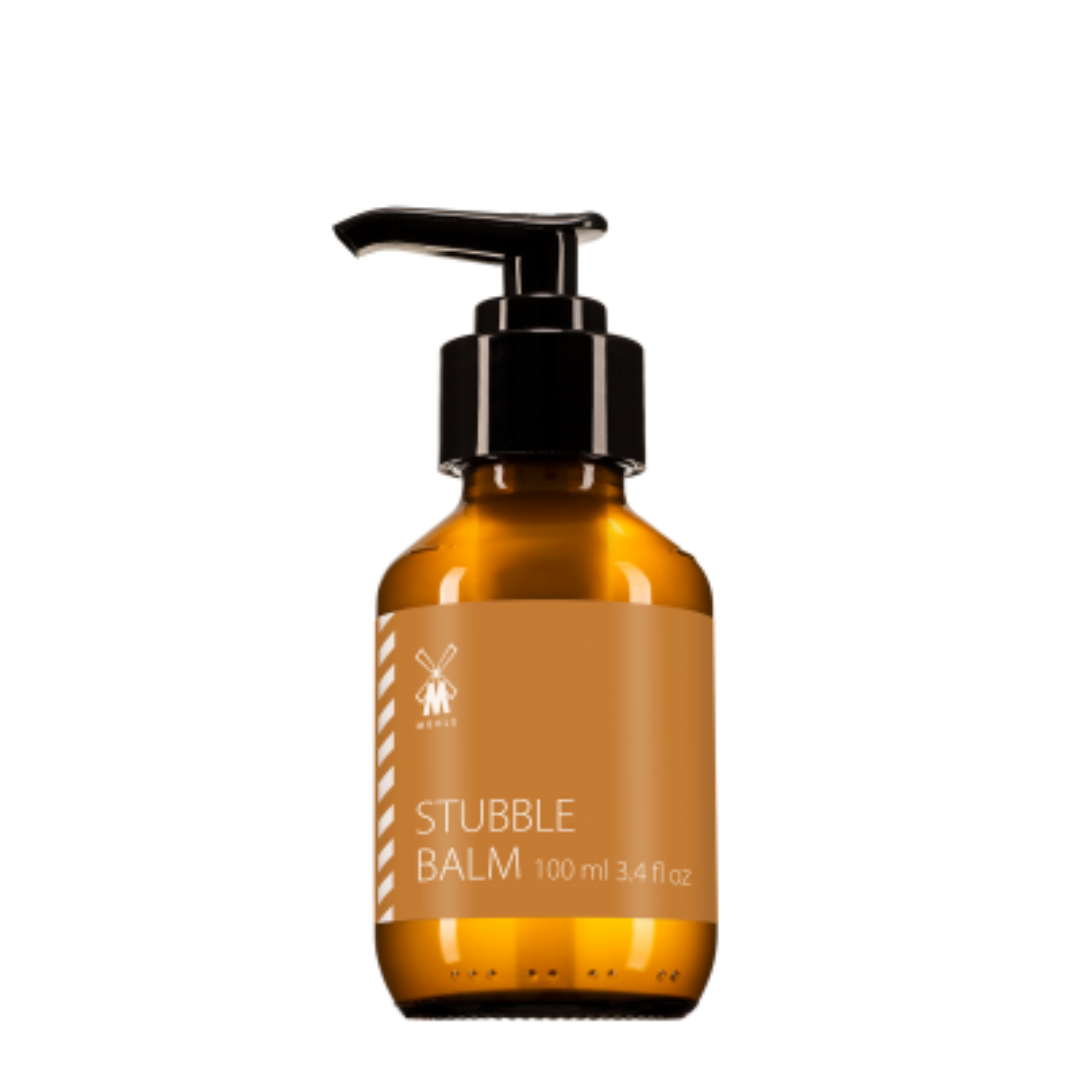 MÜHLE Stubble Balm in a clear glass jar photographed against a plain, clean background