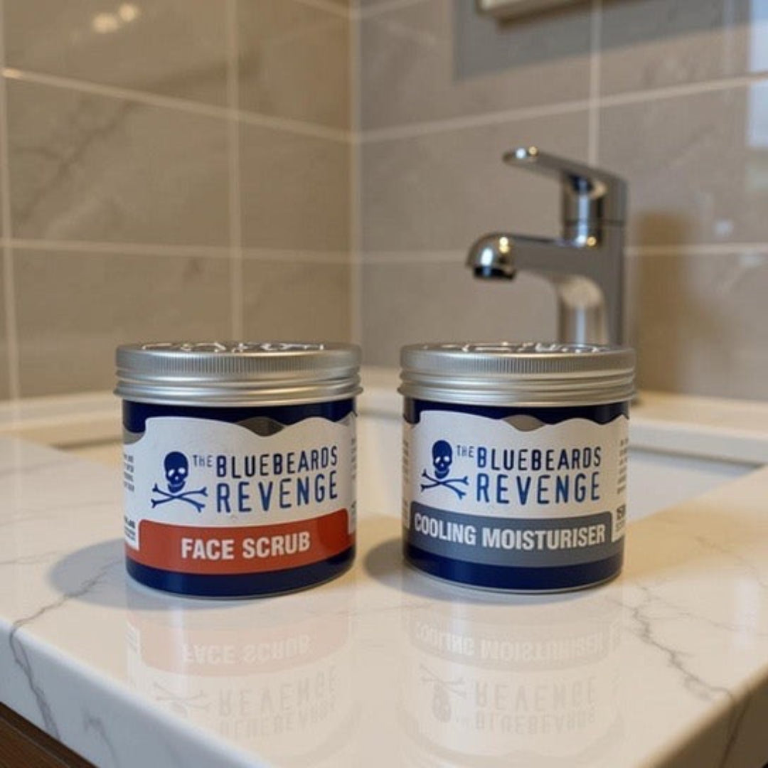 The Bluebeards Revenge Skincare Starter Set – Face Scrub and Cooling Moisturiser displayed on a bathroom vanity, ready for daily grooming.