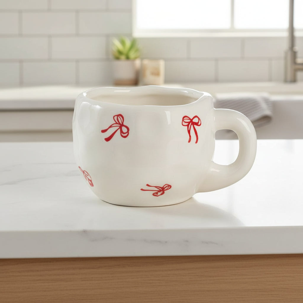 Side view of Bow Mug – White Red, showcasing its white ceramic body with red accents.