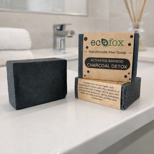 Eco Fox Charcoal Detox facial soap bar, handmade with natural ingredients and activated bamboo charcoal for deep cleansing
