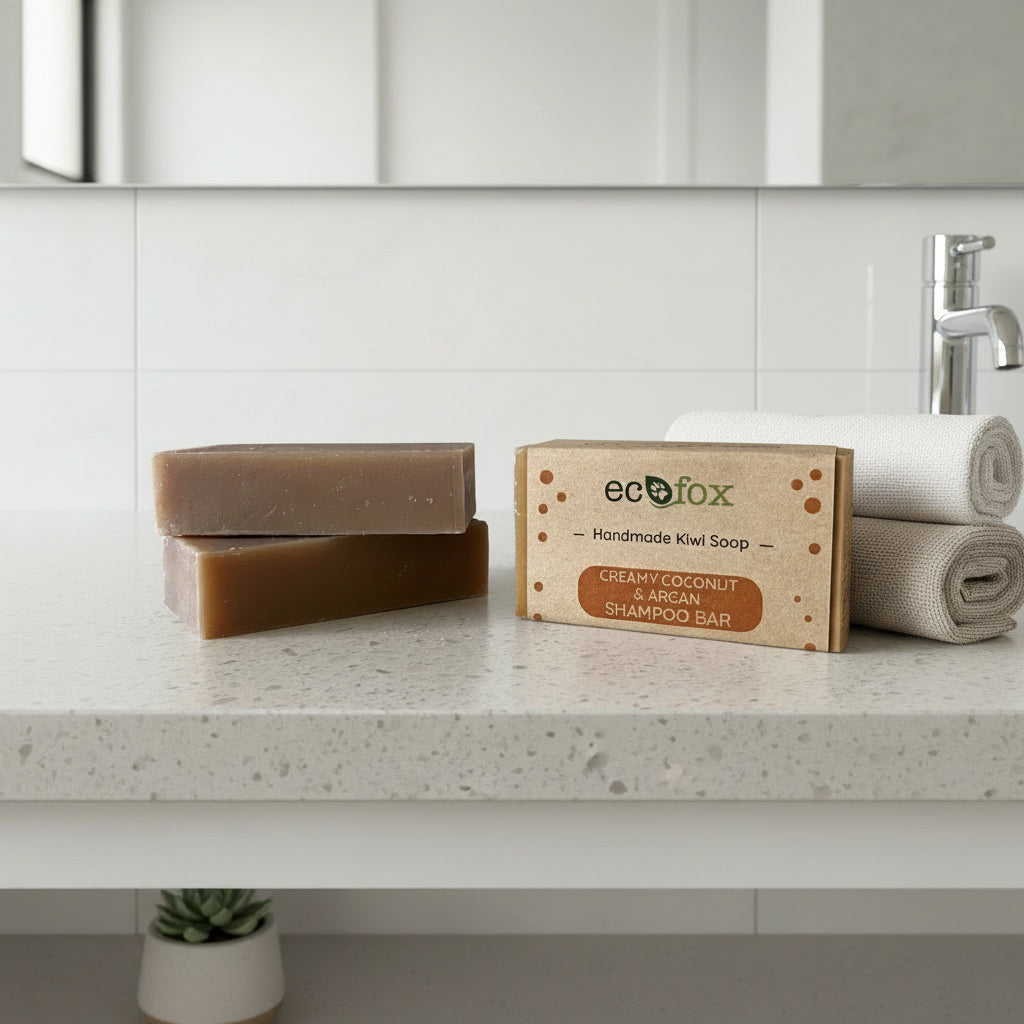 Coconut & Argan Shampoo Bar resting on a bathroom vanity beside soft towels.