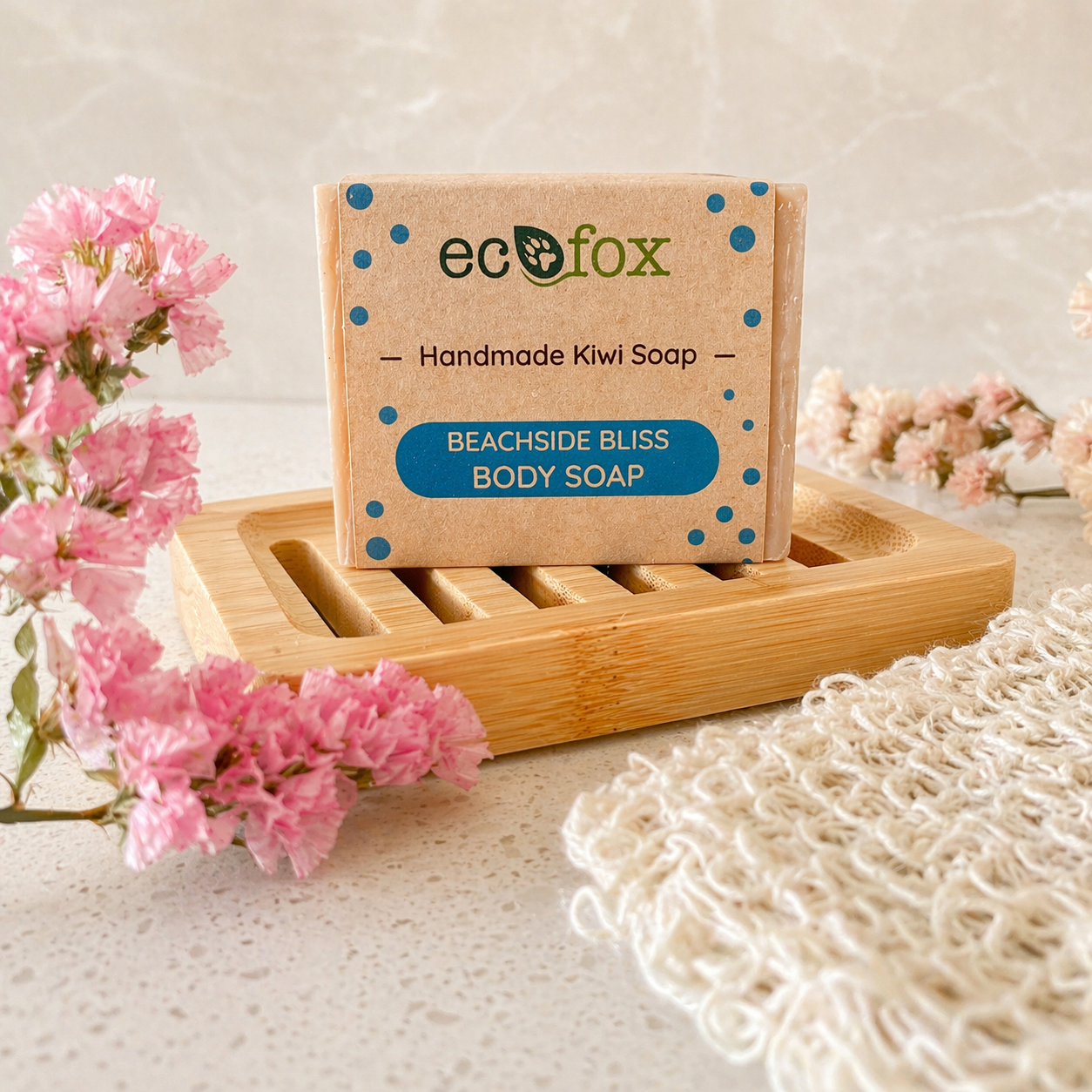 Natural handmade Beachside Bliss soap bar with ocean-inspired fragrance, creamy texture and eco-friendly ingredients
