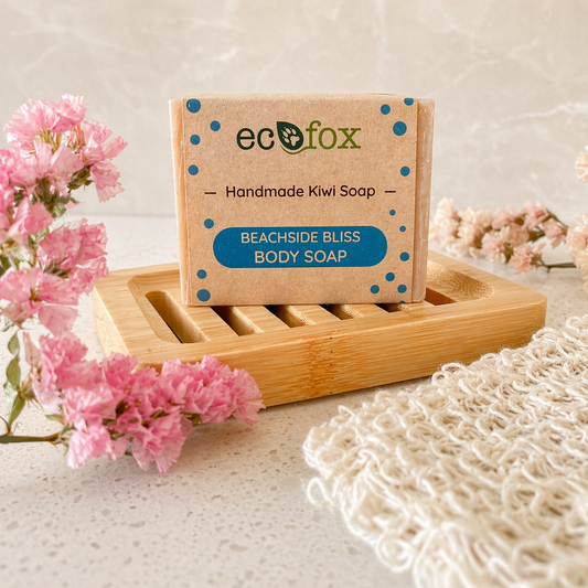 Natural handmade Beachside Bliss soap bar with ocean-inspired fragrance, creamy texture and eco-friendly ingredients