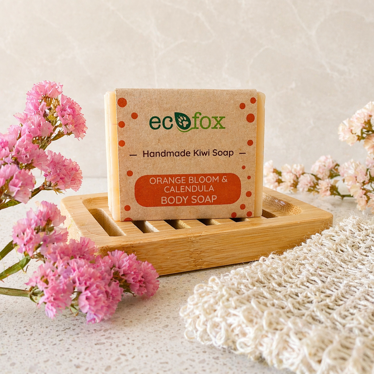 Orange bloom and calendula handmade soap bar with citrus fragrance, floral petals and gentle natural skincare benefits