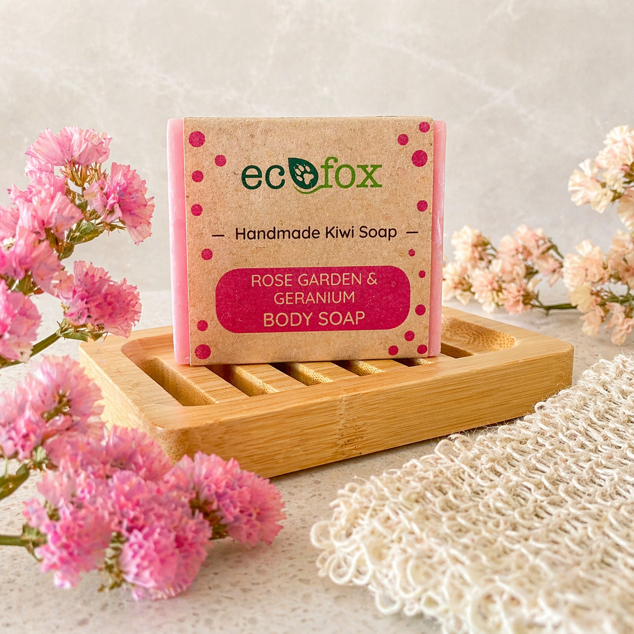 Rose and geranium handmade soap bar with floral fragrance, hydrating oils and skin-softening natural ingredients