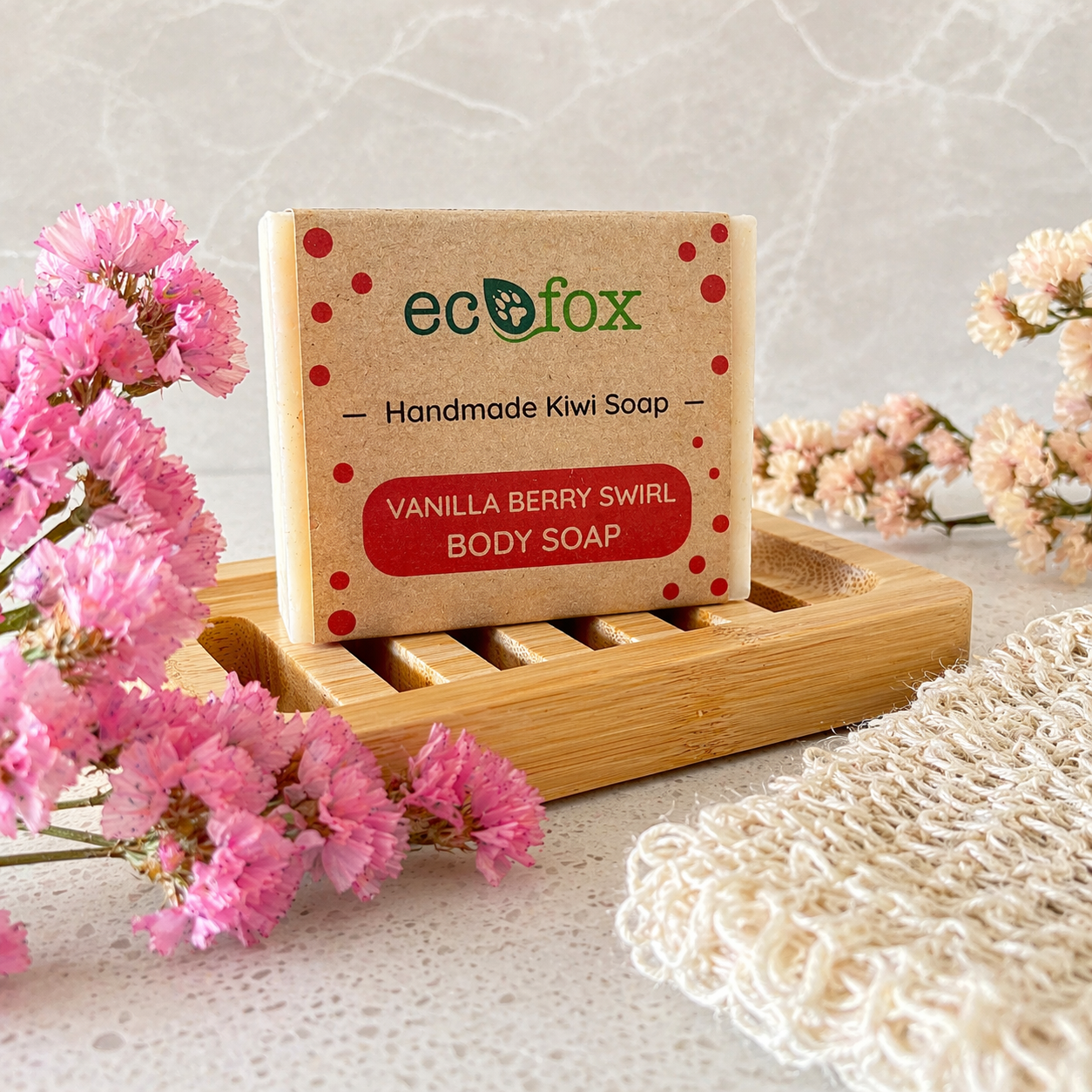 Vanilla berry swirl handmade soap bar with sweet fragrance, creamy texture and nourishing natural ingredients