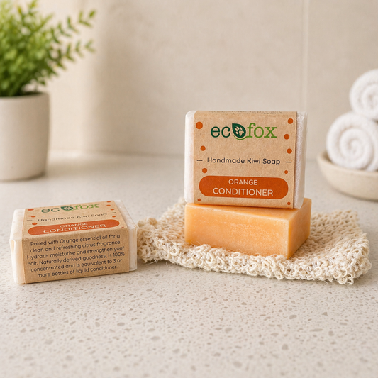 Eco Fox orange conditioner bar with refreshing citrus orange essential oil, solid hair conditioner to hydrate, moisturise and strengthen hair