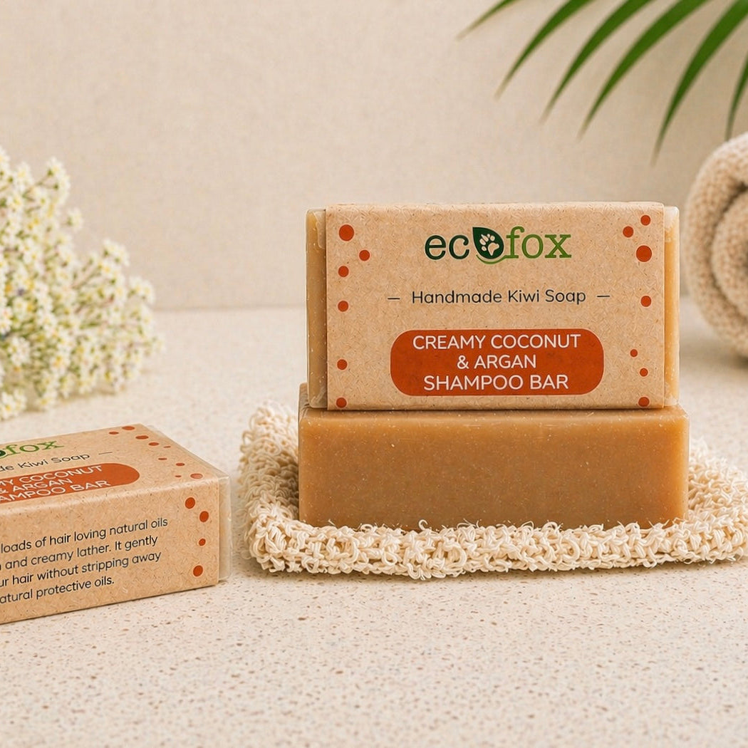 Eco Fox Coconut & Argan shampoo bar on soft spa-style background, natural solid hair care product