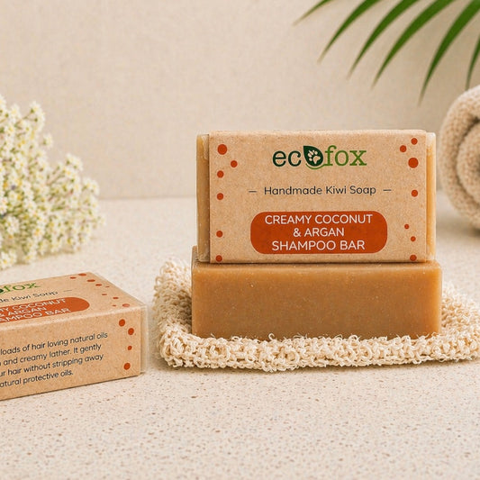 Eco Fox Coconut & Argan shampoo bar on soft spa-style background, natural solid hair care product