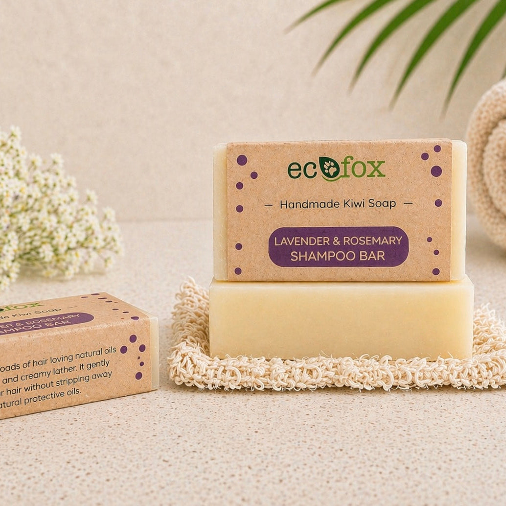 Eco Fox Lavender & Rosemary shampoo bar on neutral spa background, handmade natural hair care