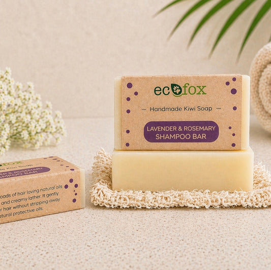 Eco Fox Lavender & Rosemary shampoo bar on neutral spa background, handmade natural hair care