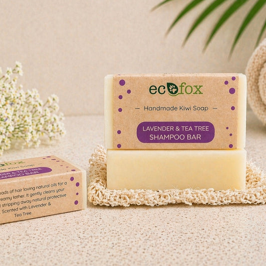 Eco Fox Lavender & Tea Tree shampoo bar on spa-style background, gentle natural hair care bar