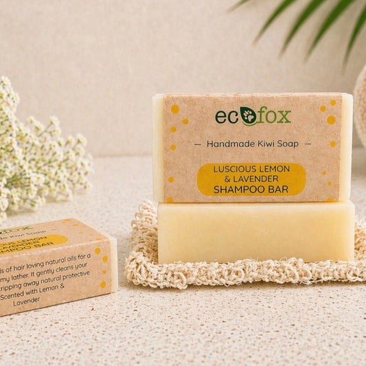 Eco Fox Lemon & Lavender shampoo bar on soft stone background, refreshing natural solid shampoo