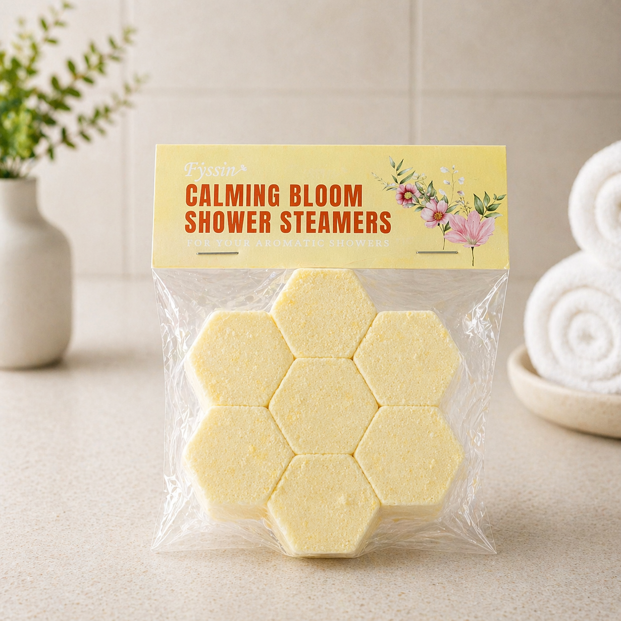 Calming bloom shower steamers displayed in a soft neutral spa environment
