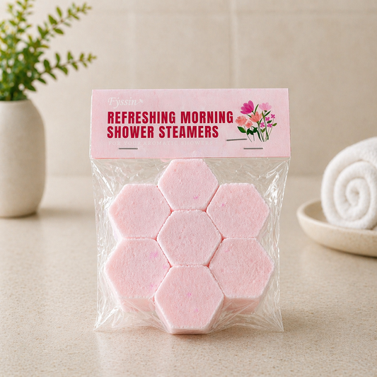 Refreshing morning shower steamers in a light natural spa setting