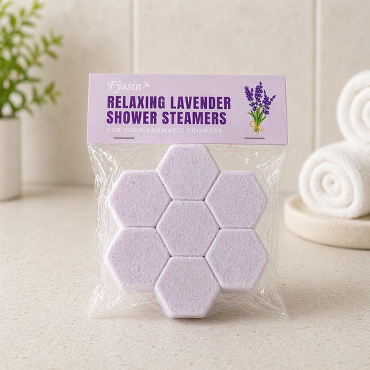 Relaxing lavender shower steamers in a calming spa-style bathroom setting