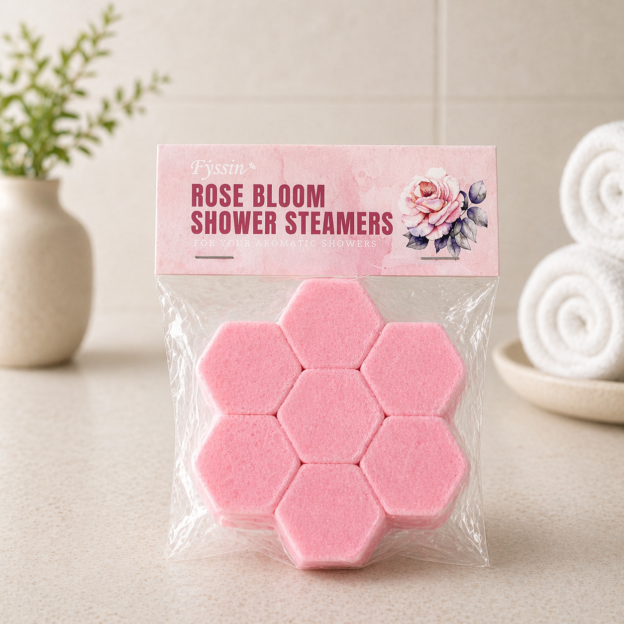 Rose bloom shower steamers displayed in a soft neutral spa setting