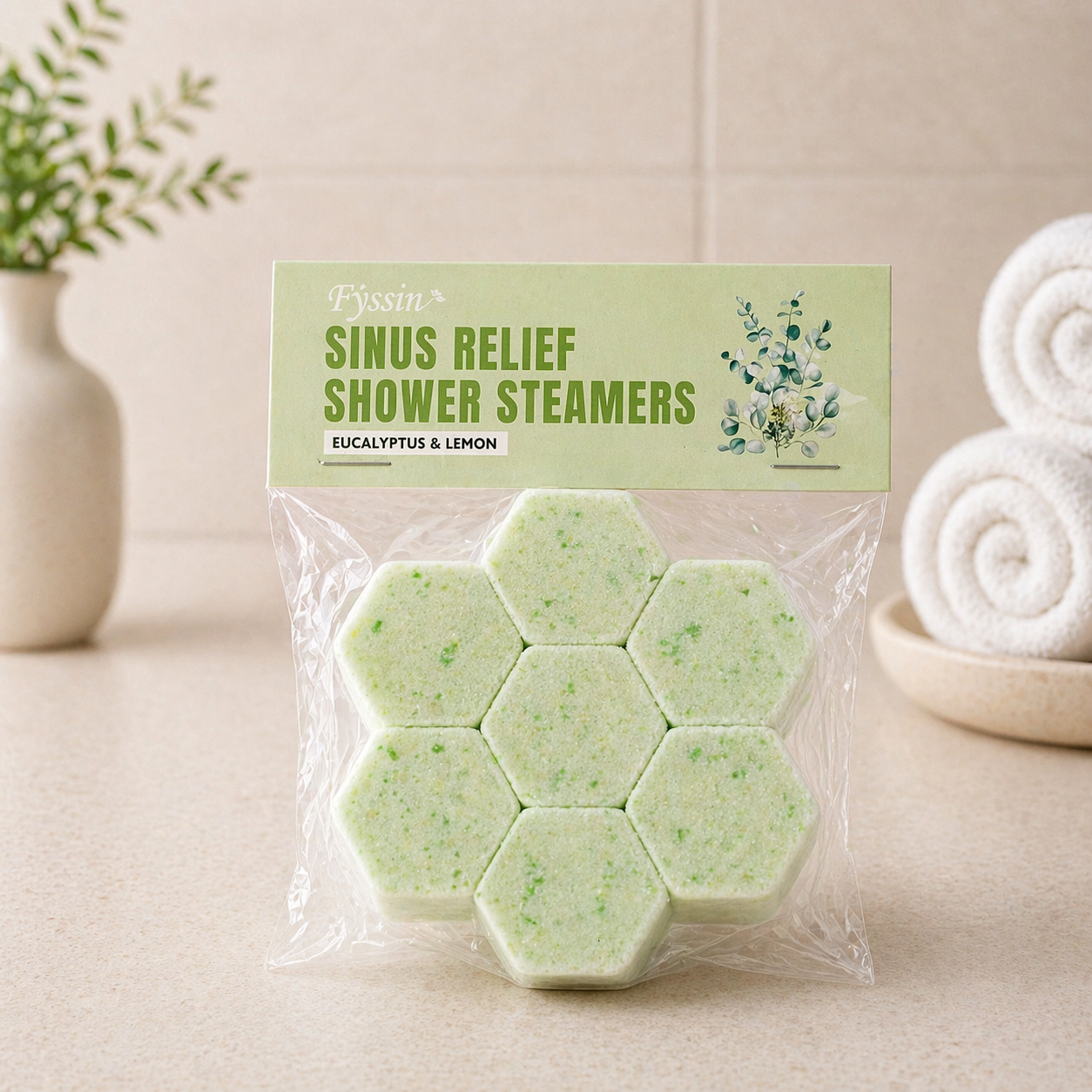 Sinus relief shower steamers with eucalyptus and lemon in a neutral spa setting