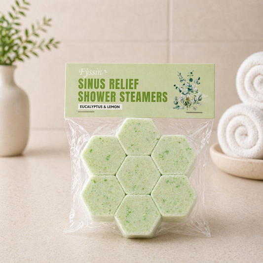 Sinus relief shower steamers with eucalyptus and lemon in a neutral spa setting
