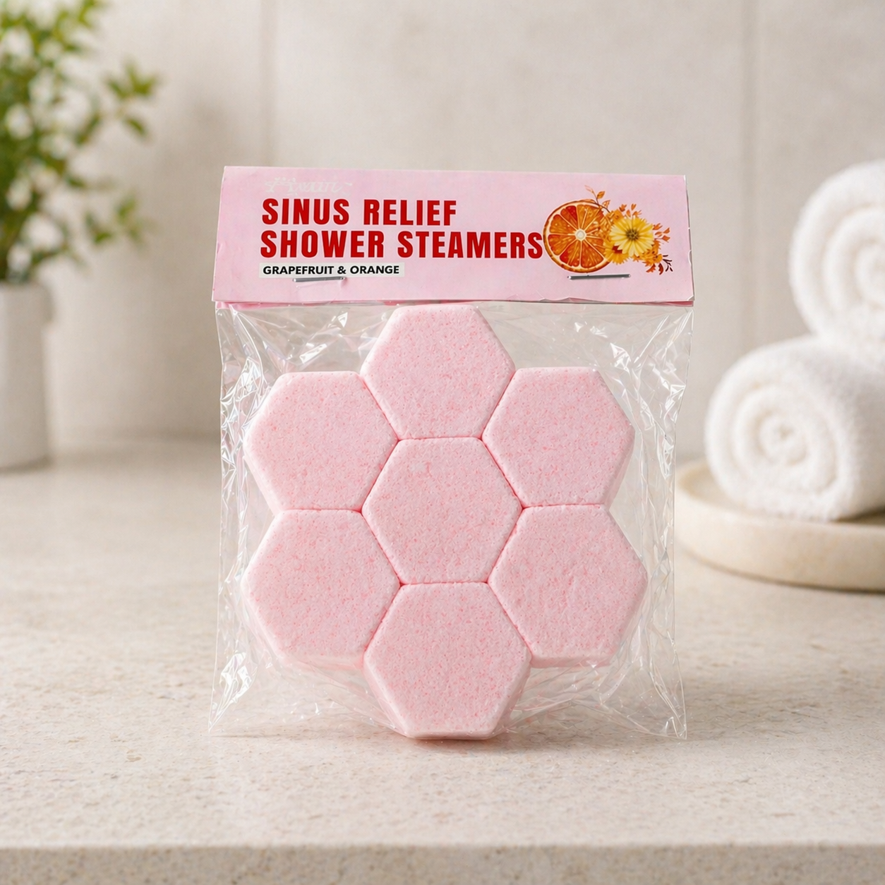 Sinus relief shower steamers with grapefruit and orange in a spa-style setting