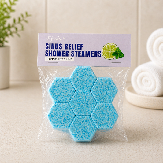 Sinus relief shower steamers with peppermint and lime in a soft spa setting