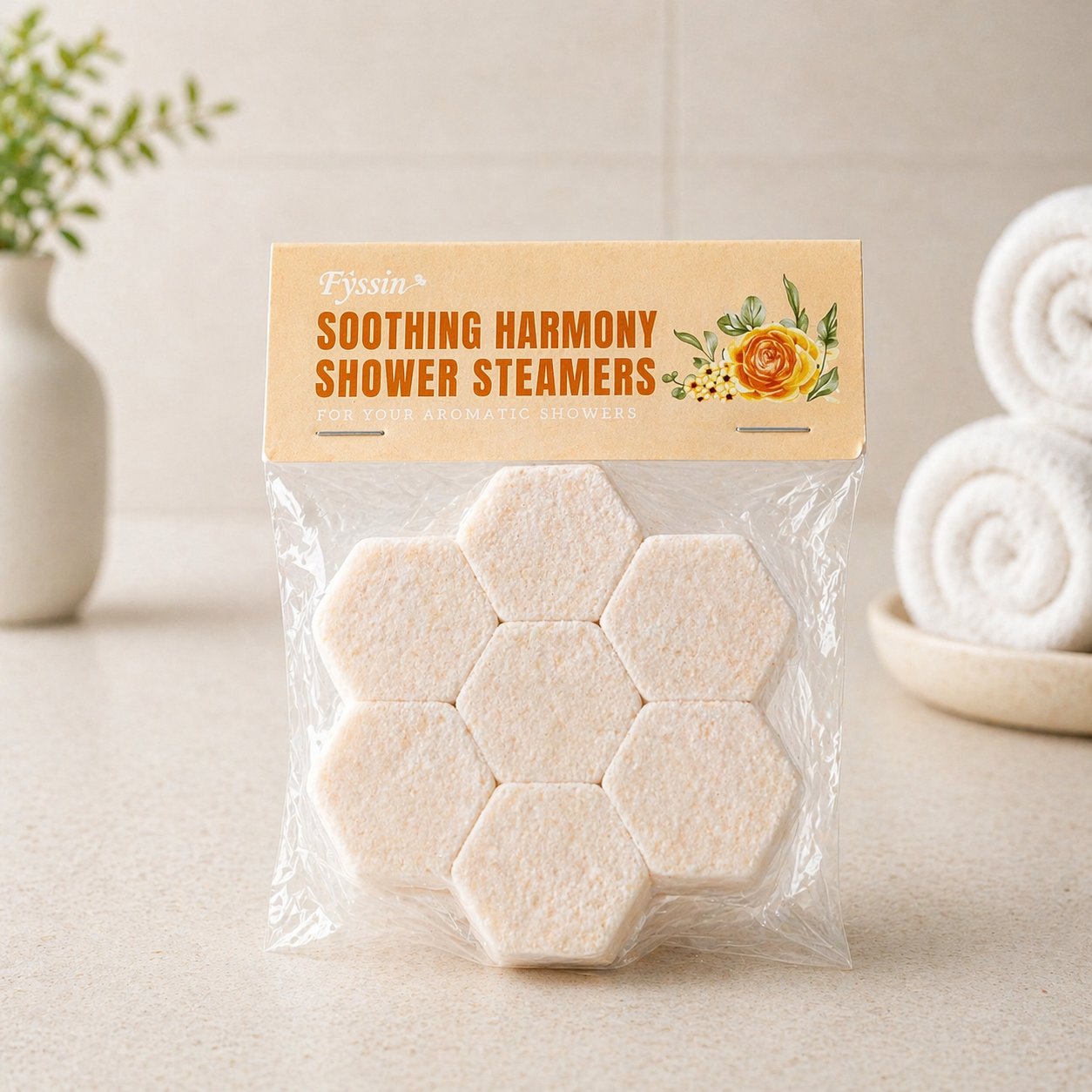 Soothing harmony shower steamers arranged in a warm neutral spa setting