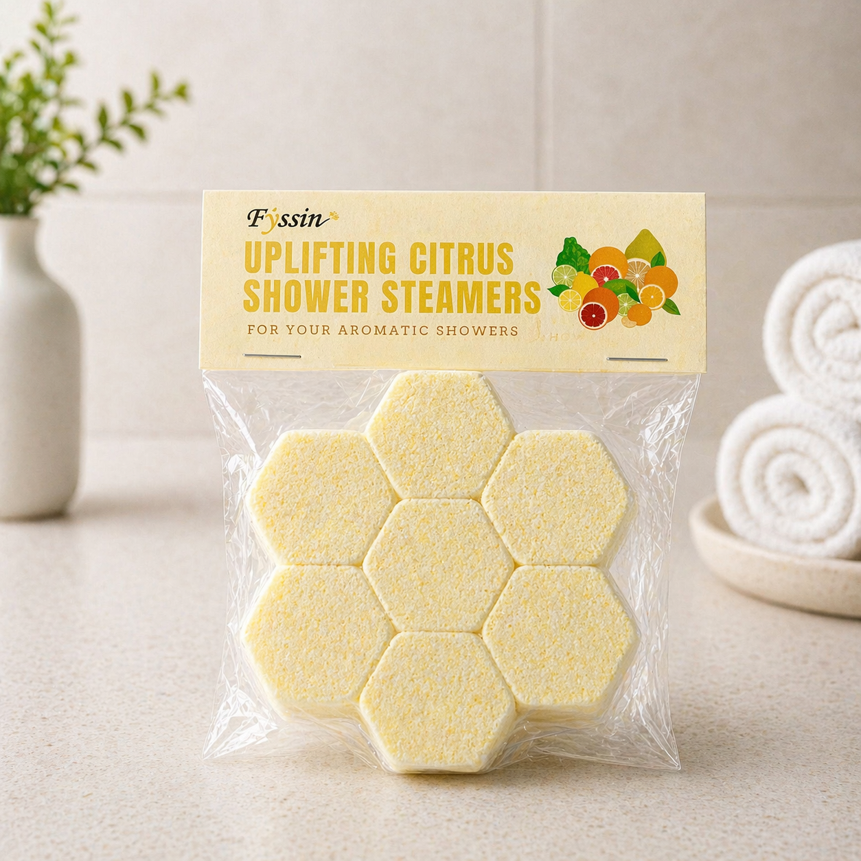 Uplifting citrus shower steamers in a bright spa-inspired setting
