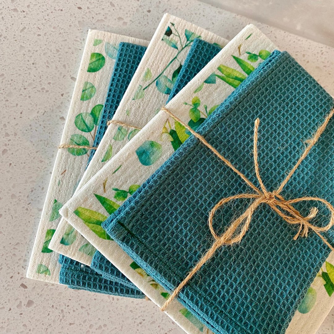 White waffle weave kitchen towel with a square knit texture and hanging loop