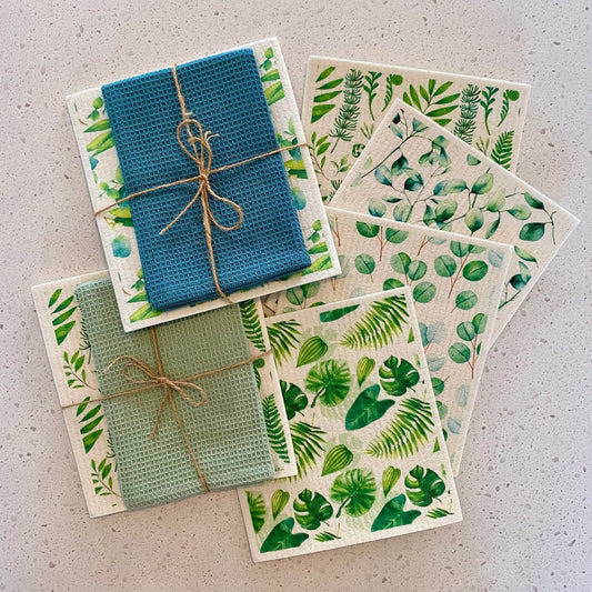 Eco-friendly kitchen bundle with two reusable dishcloths and one waffle weave towel