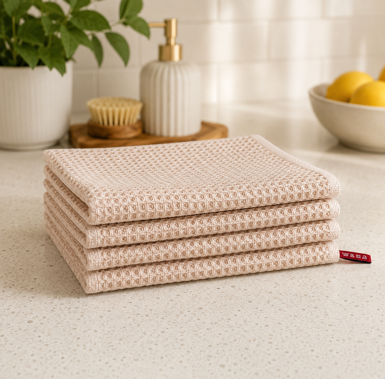 Stack of eco-friendly waffle weave cleaning cloths styled on a modern kitchen bench with natural light, lemons and wooden accessories.