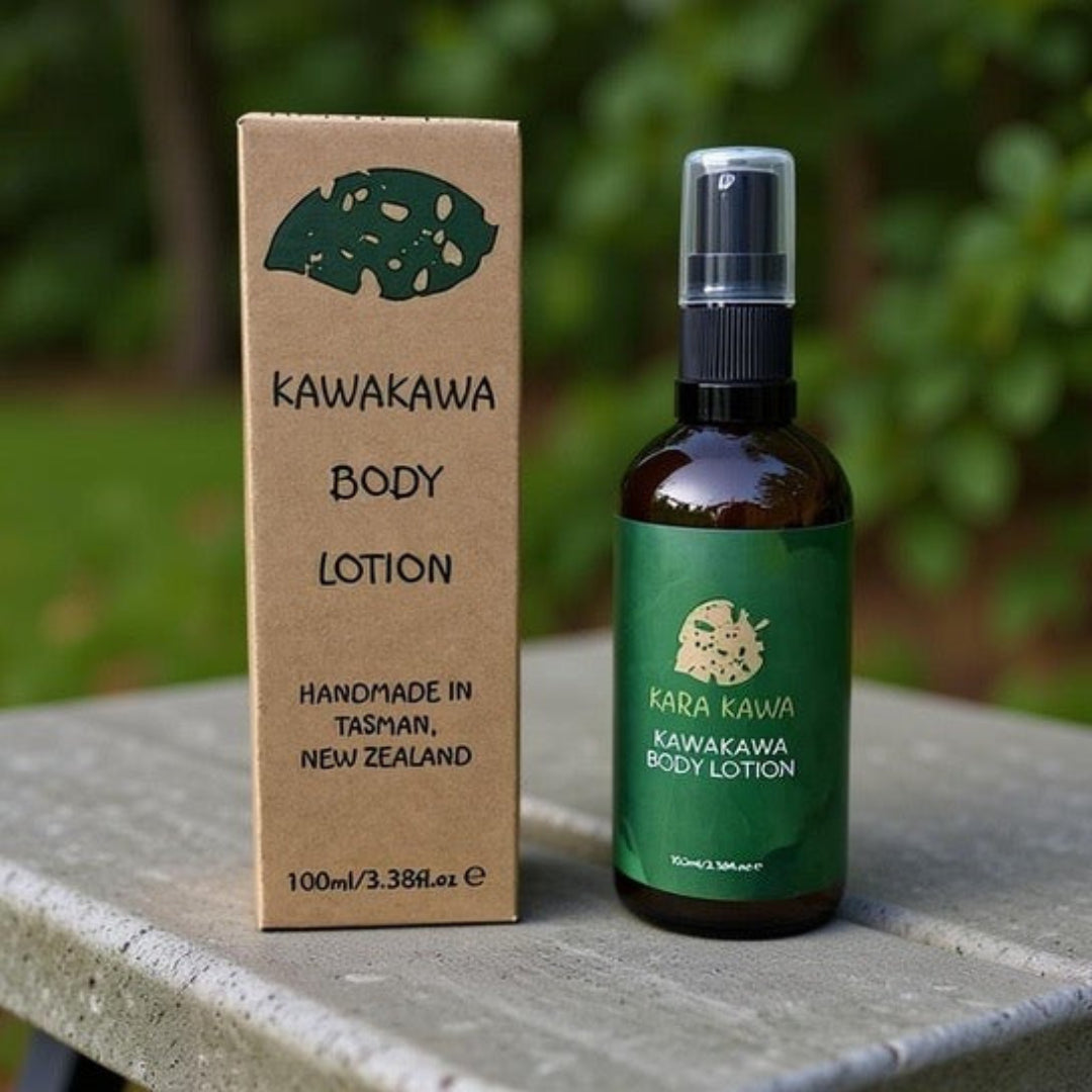 Amber glass bottle of Kawakawa Body Lotion with pump dispenser, featuring triple-strength Kawakawa, Coconut Oil, and Olive Oil for deep hydration and soothing natural skincare.